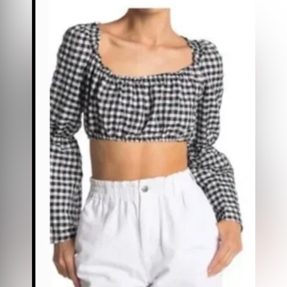 Topshop Black & White Gingham Puff-Sleeve Crop Top